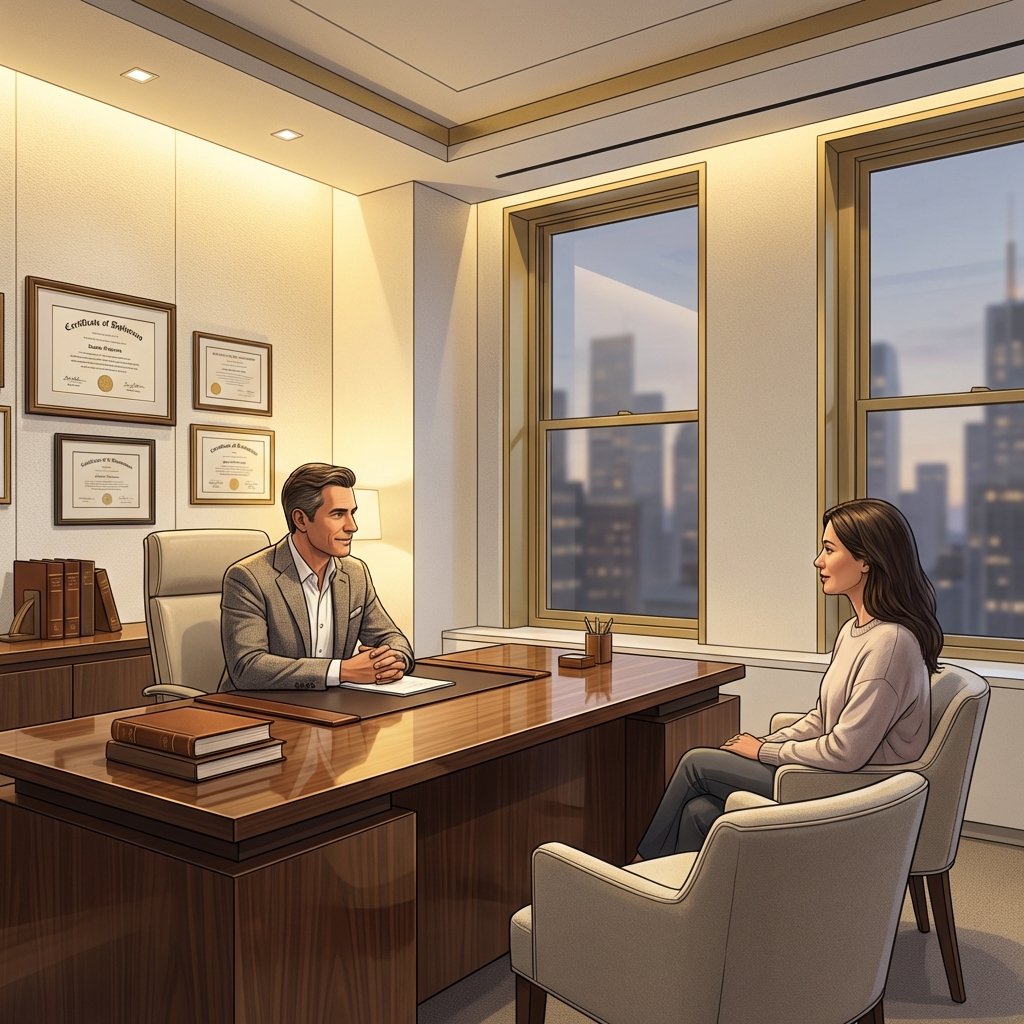 Credentialed hair loss doctor Manhattan consulting with patient in an elegant, professional medical office setting.