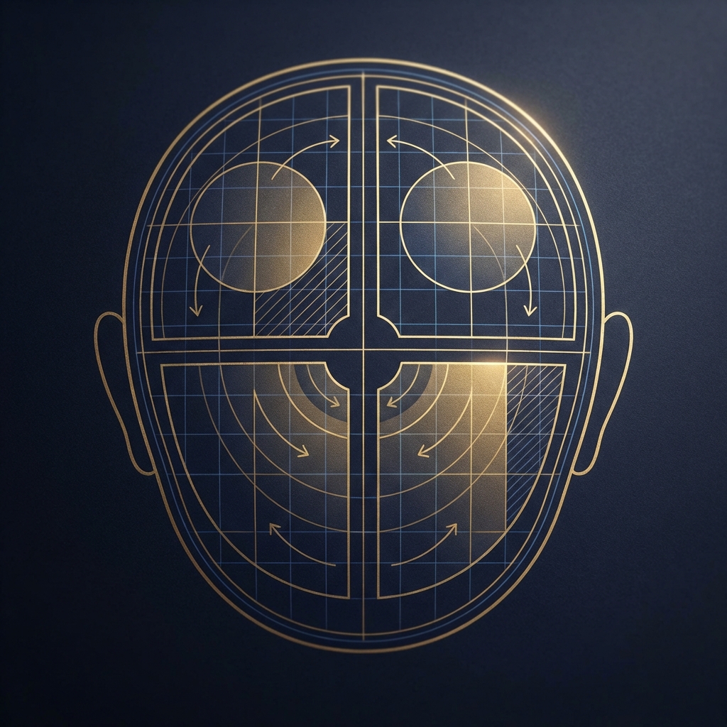 Architectural blueprint concept illustrating hair transplant graft placement technique across four scalp zones