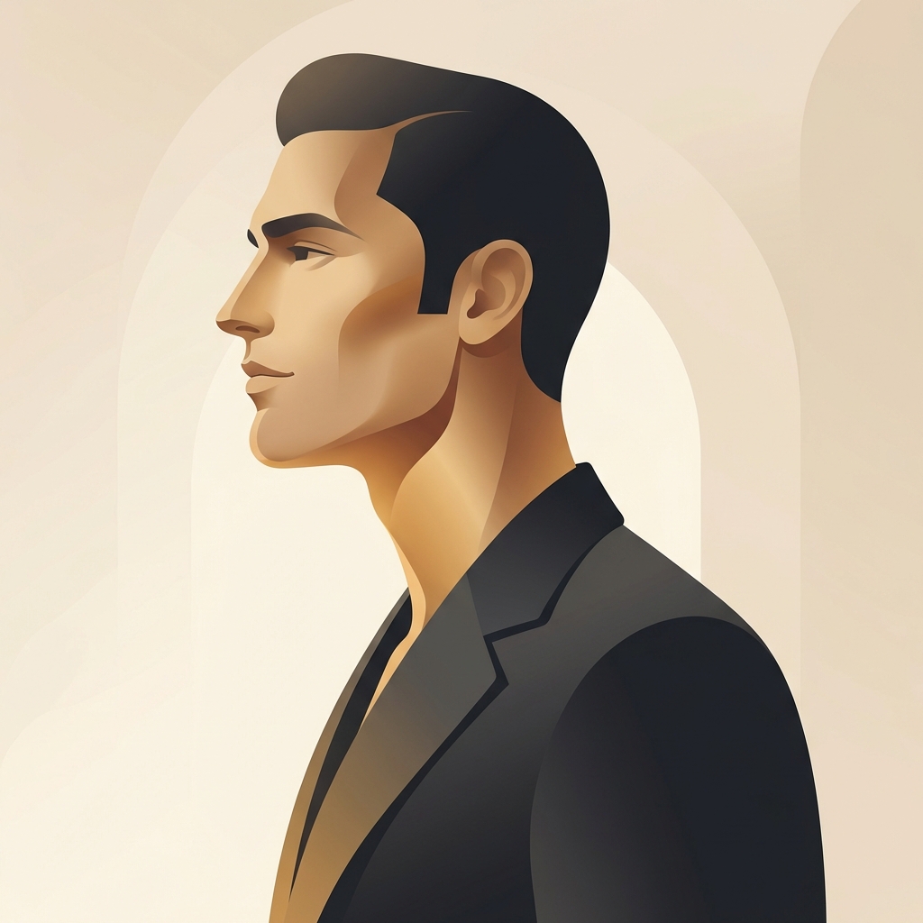 Stylized profile illustration of a man with precisely defined sideburns, representing sideburn transplant procedure outcomes.
