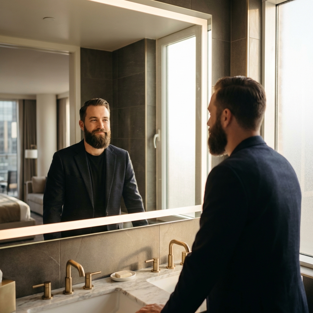 Well-groomed man with full beard checking his appearance in mirror, representing beard transplant recovery time planning
