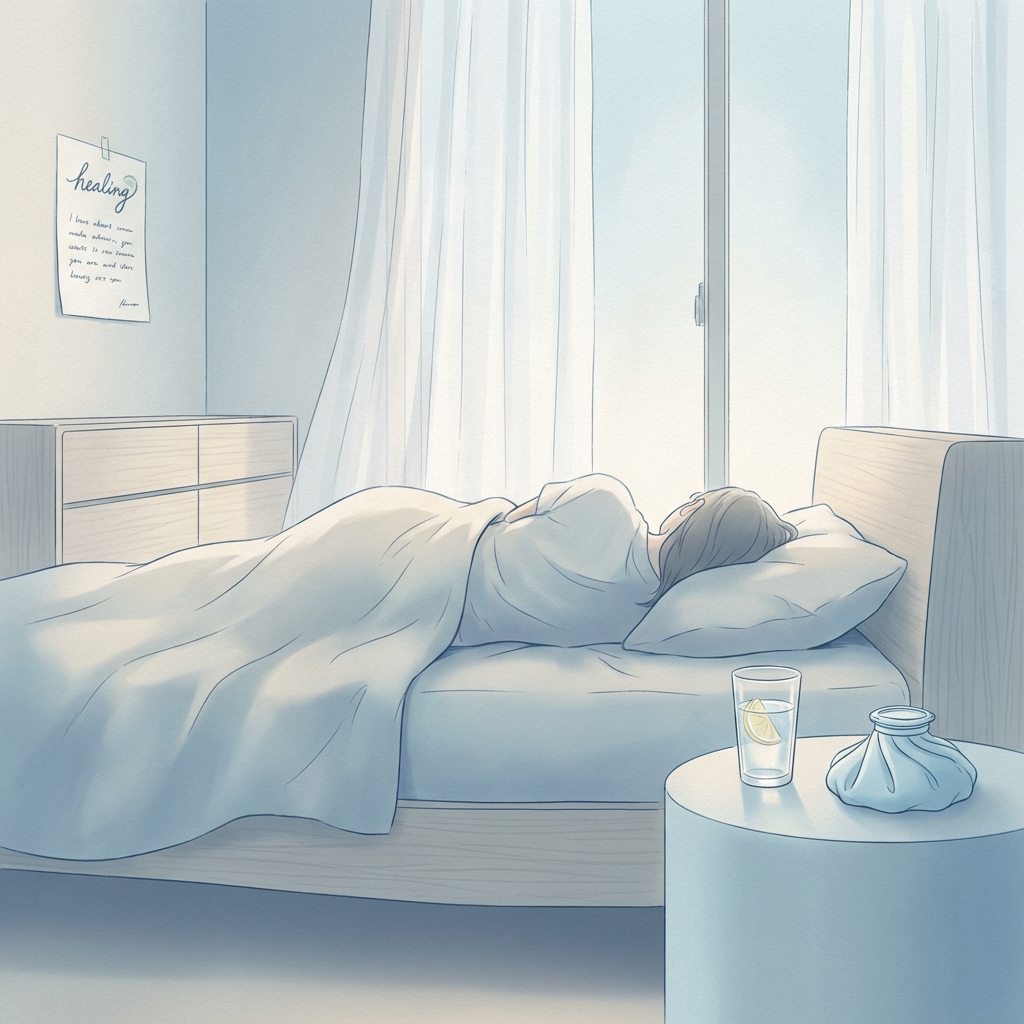 Calm recovery scene illustrating the hair transplant swelling timeline and post-procedure healing process