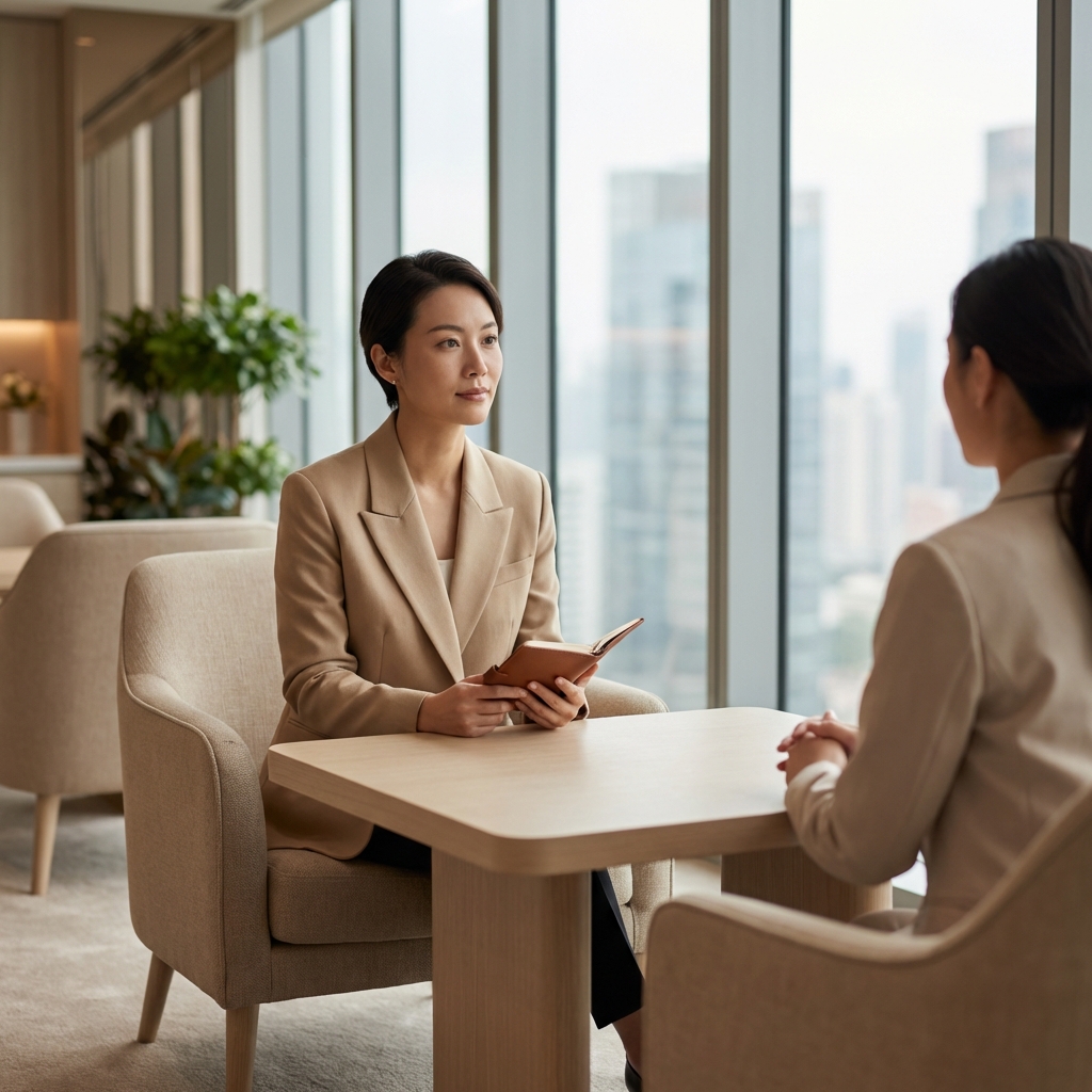 Person confidently preparing hair transplant consultation questions in a modern, upscale medical office setting