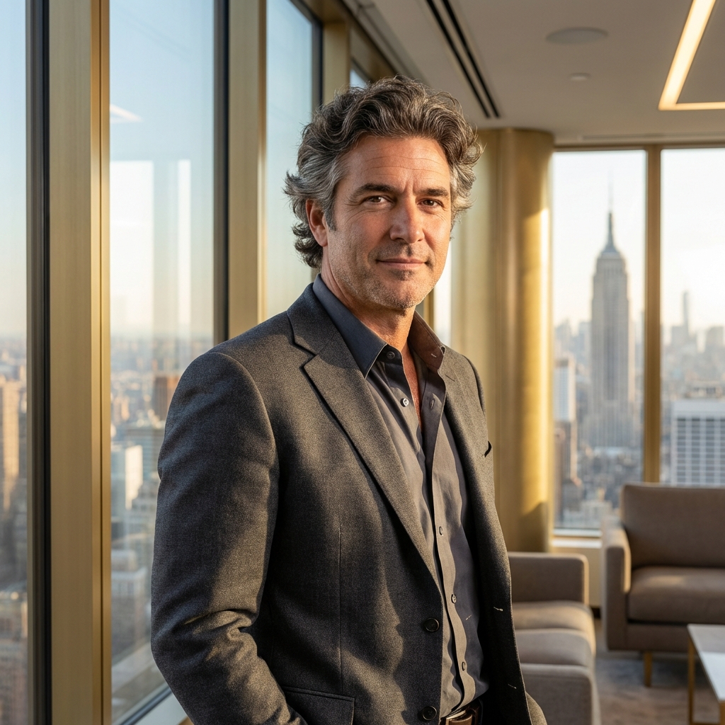 Confident man with restored hair in a modern Manhattan setting, representing NYC hair restoration specialists.