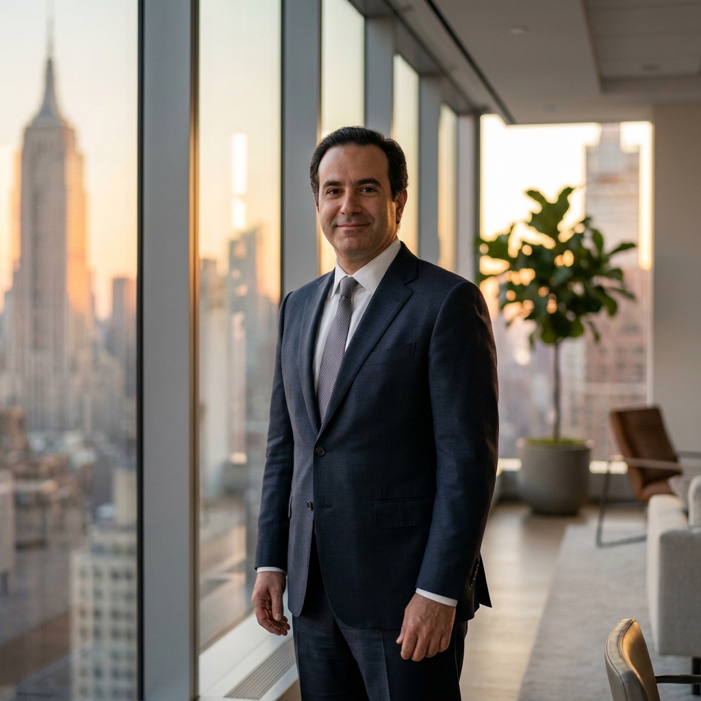 Confident man with restored hair overlooking Manhattan skyline, representing premium hair restoration results in NYC.