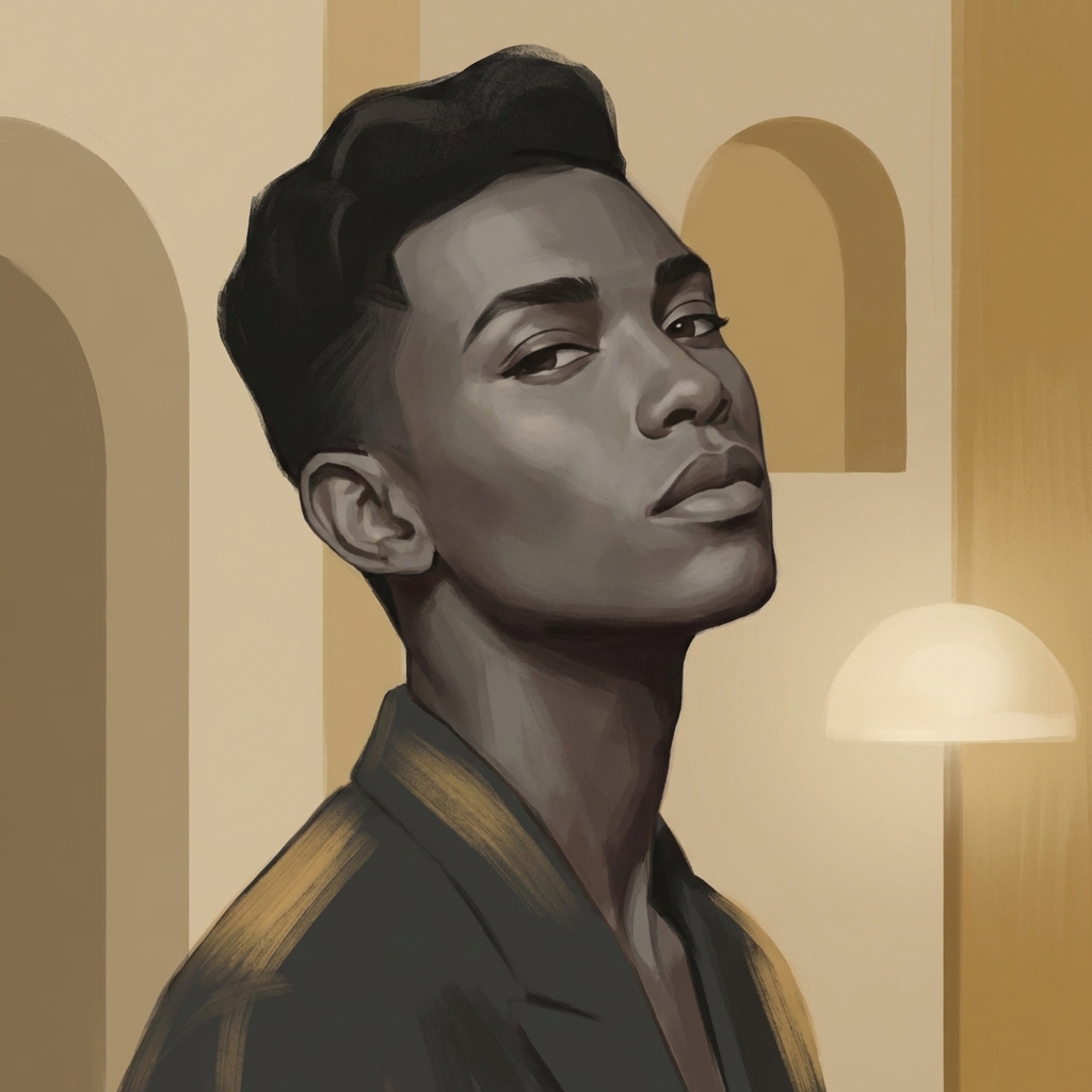 Stylized portrait showing a refined hairline design, representing hair transplant for widow's peak decision-making.