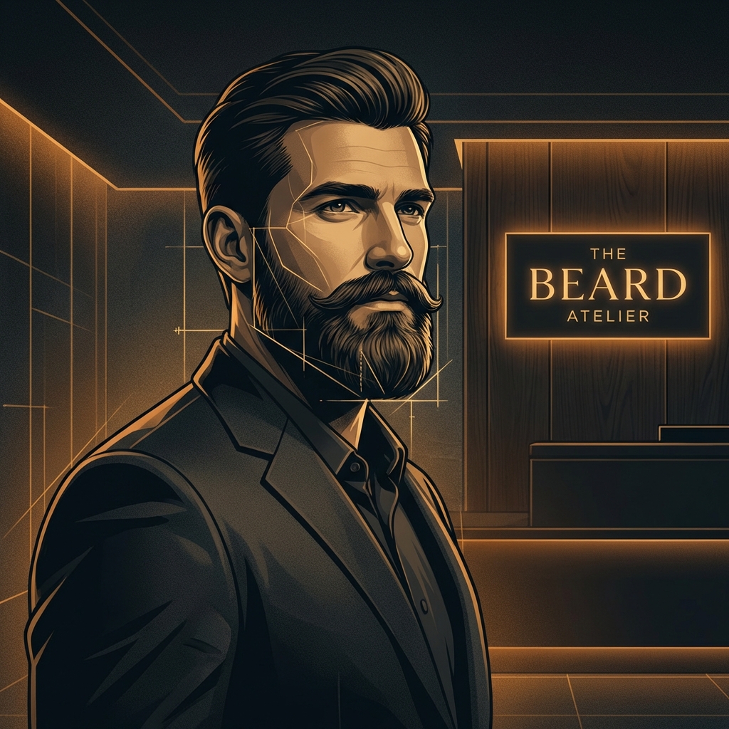 Illustrated portrait of a man with a full, sculpted beard highlighting beard density hair transplant zone architecture