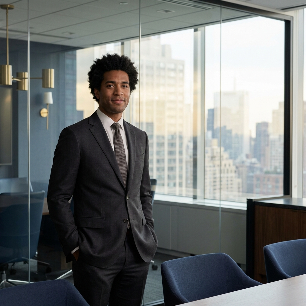 Confident professional man with natural-looking full hair, representing FUE hair transplant no shave results for working professionals.