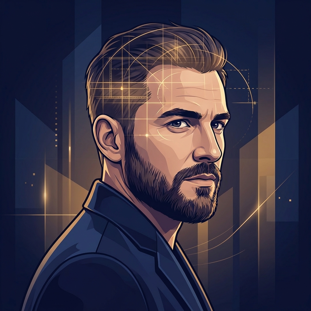 Conceptual illustration of a man with a strategic hair restoration blueprint for Norwood 4 pattern hair transplant planning