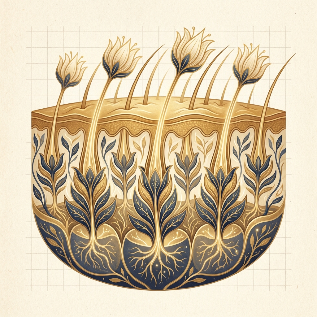 Elegant botanical-style illustration of dense hair follicle groupings representing hair transplant maximum density results