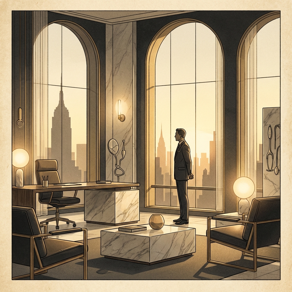 Luxury Manhattan premium hair surgery consultation suite with city skyline views and elegant modern interior