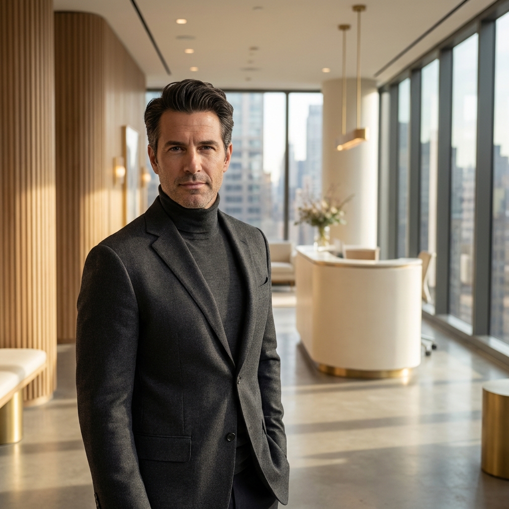 Confident man with restored hair in a premium Manhattan clinic representing non surgical hair restoration results.