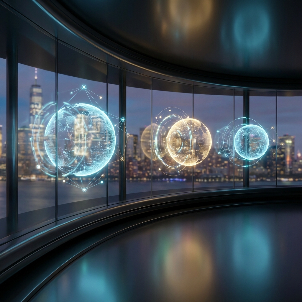 Futuristic AI diagnostic interface visualization representing NYC hair restoration technology in a luxury Manhattan clinic setting