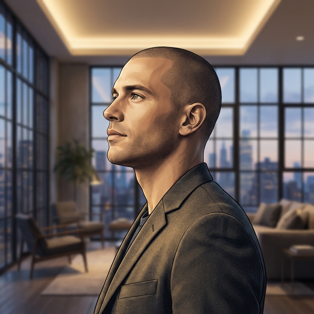 Confident man with shaved head representing men's scalp micropigmentation results in a modern urban setting
