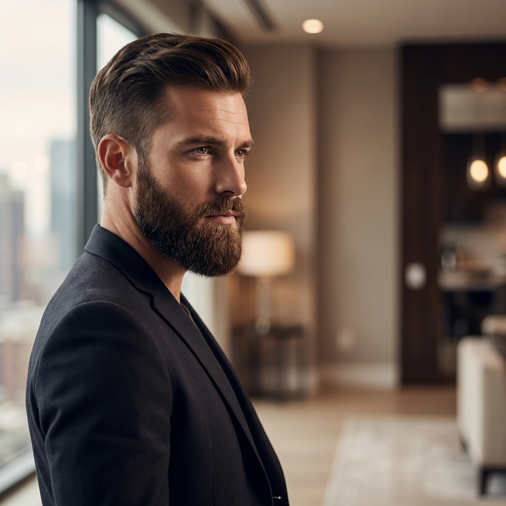 Man with natural, well-defined beard showcasing quality beard transplant before and after results