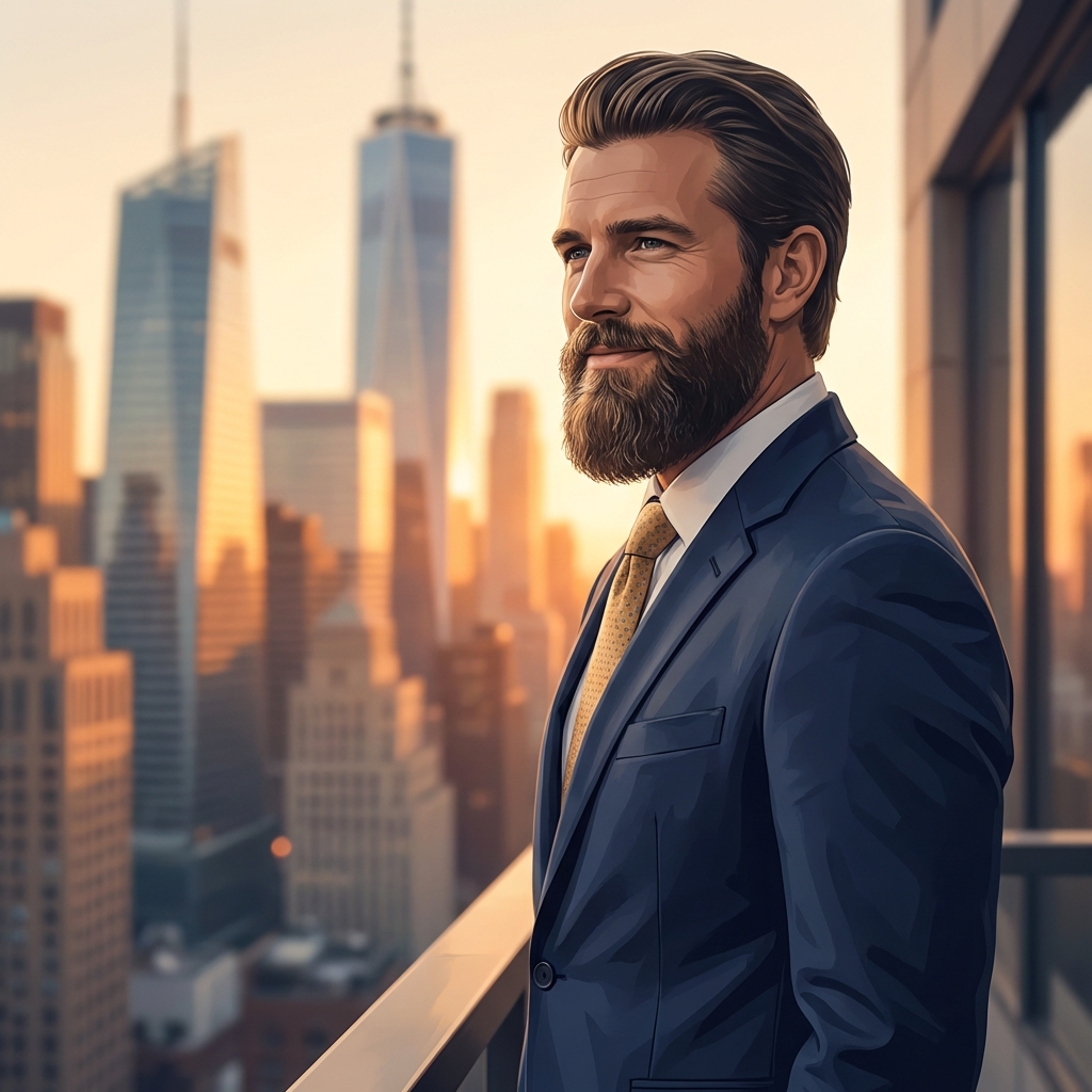 Confident professional man with restored hairline against Midtown Manhattan skyline, representing a top Manhattan hair restoration clinic.
