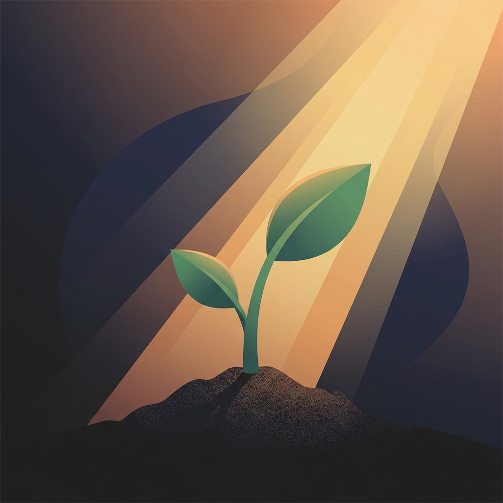 Green seedling emerging from dark soil in golden light, symbolizing hair regrowth after transplant shock loss