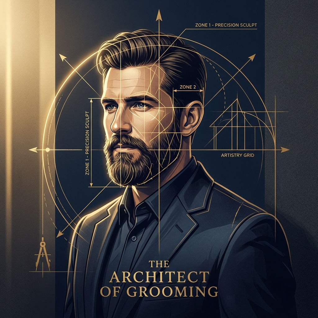 Illustrated portrait of a man with sculpted beard and facial geometry overlay representing facial hair sculpting transplant design zones