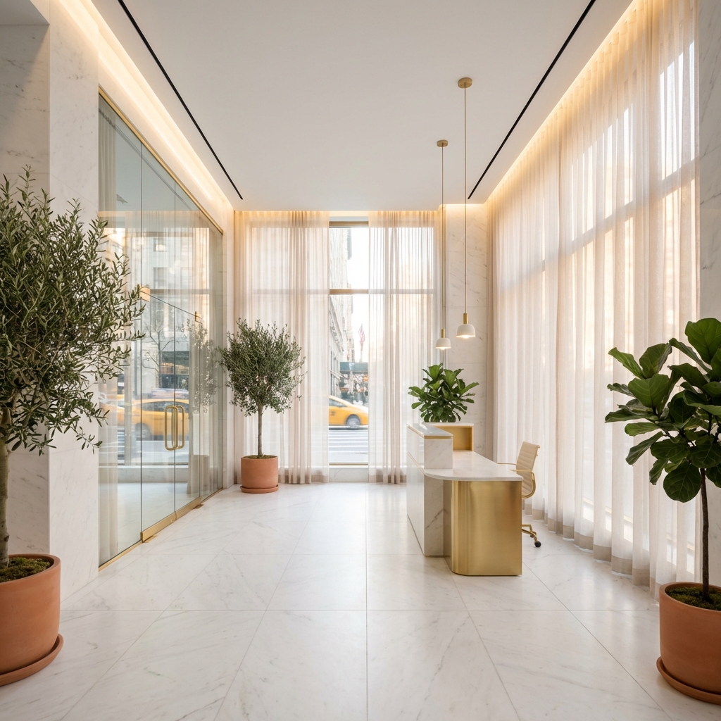 State of the art hair transplant facility interior with luxury Manhattan clinic aesthetic and modern design