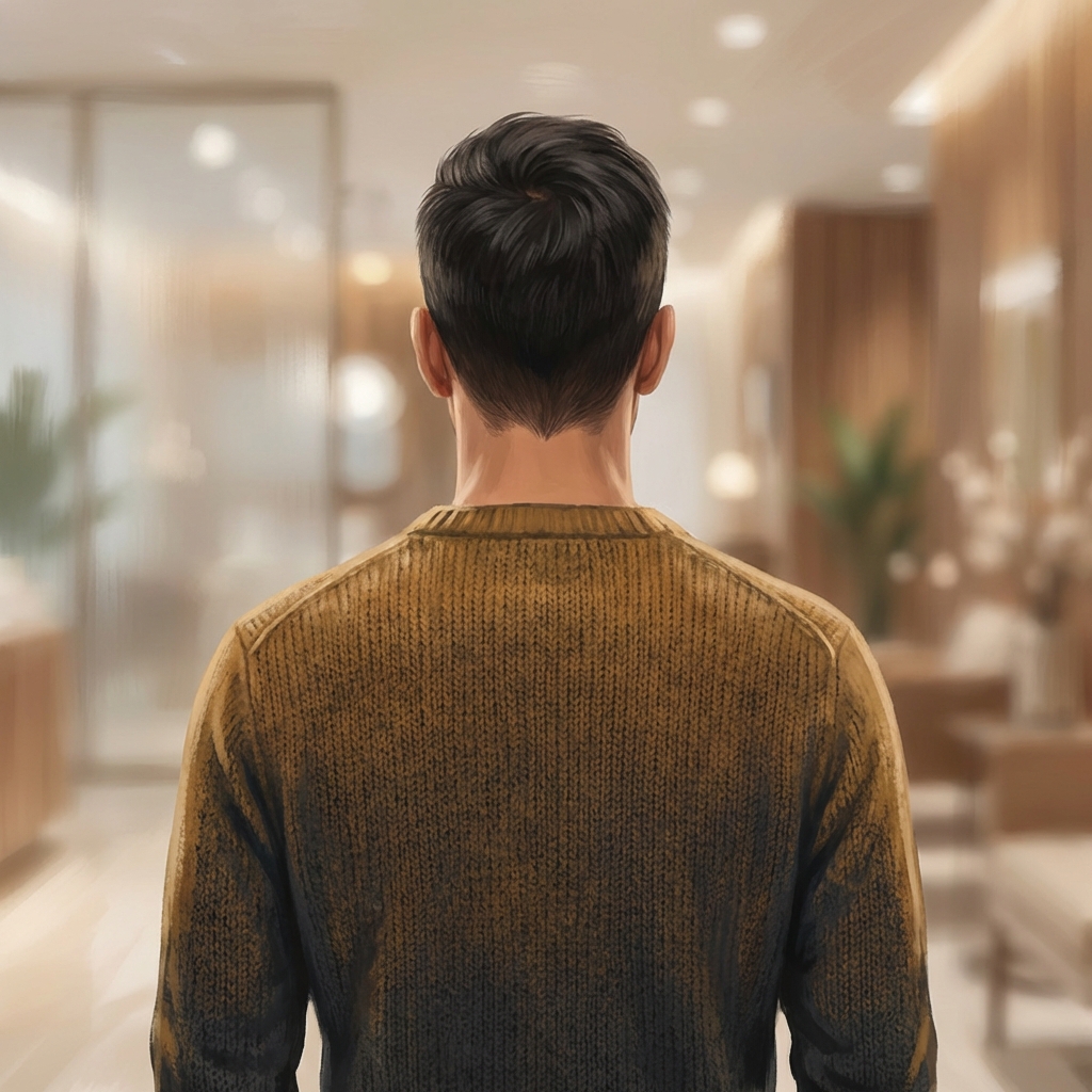 Illustration of a man's back-of-head showing clean, healthy hair — representing hair transplant donor area healing.