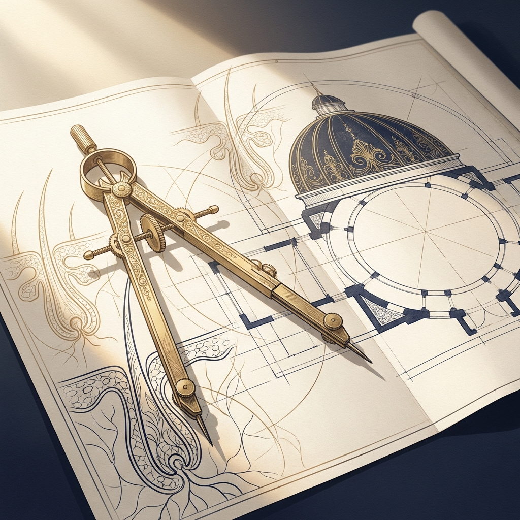 Artistic blueprint and compass illustration representing the hair transplant artistic approach and surgical aesthetic planning