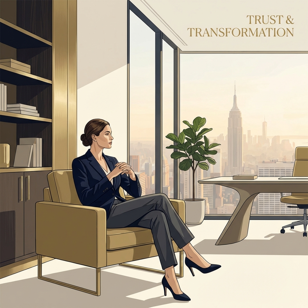 Manhattan facial plastic surgeon consultation setting with confident patient and elegant modern NYC clinic interior