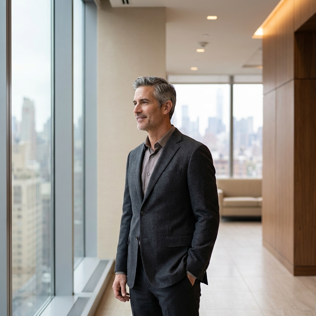 Man with restored hair looking confident near window, representing hair transplant realistic expectations