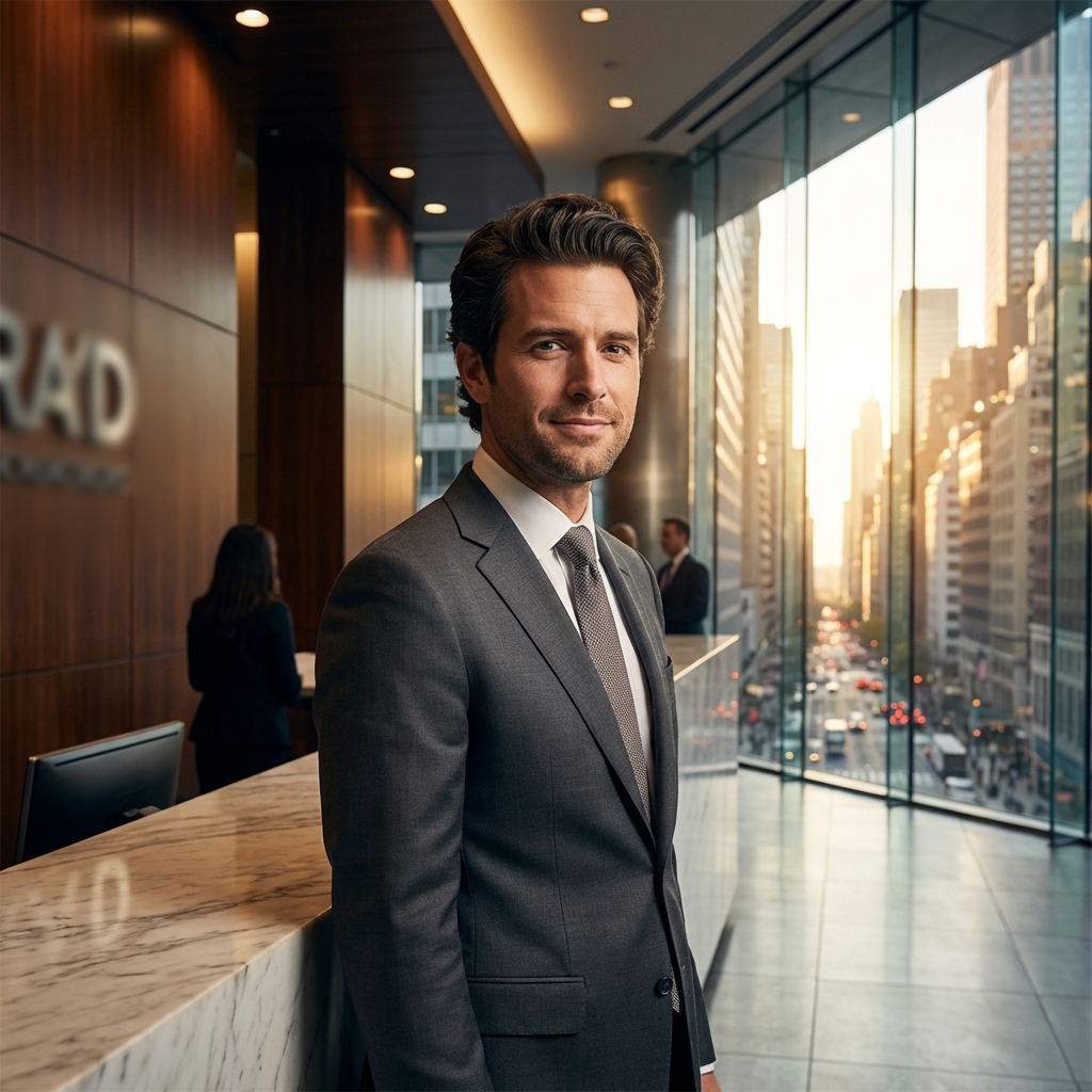 Confident Midtown Manhattan professional with full hair in a sleek NYC office, representing successful hair transplant results.