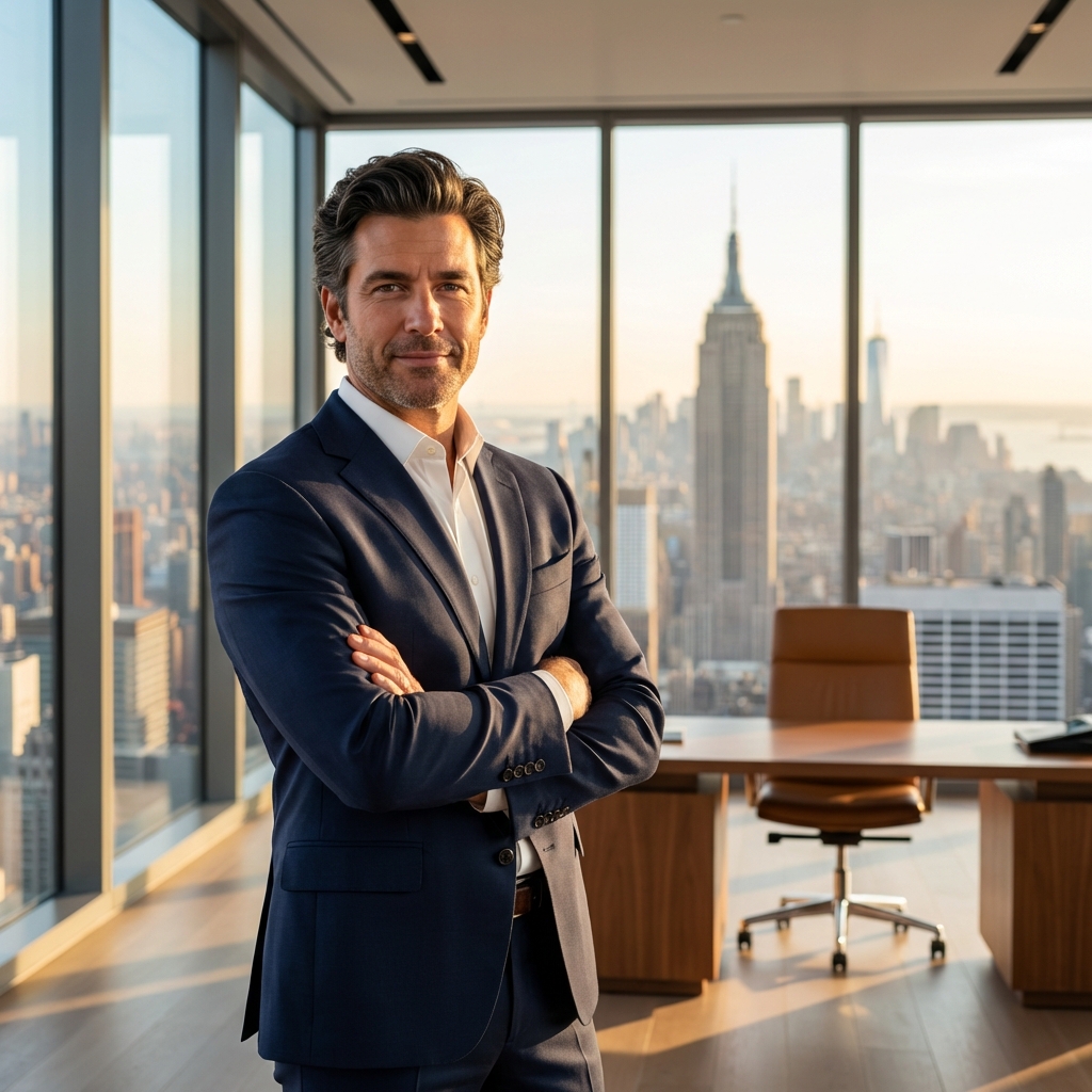 Confident professional man with full hair in Manhattan office — hair transplant for professional men NYC