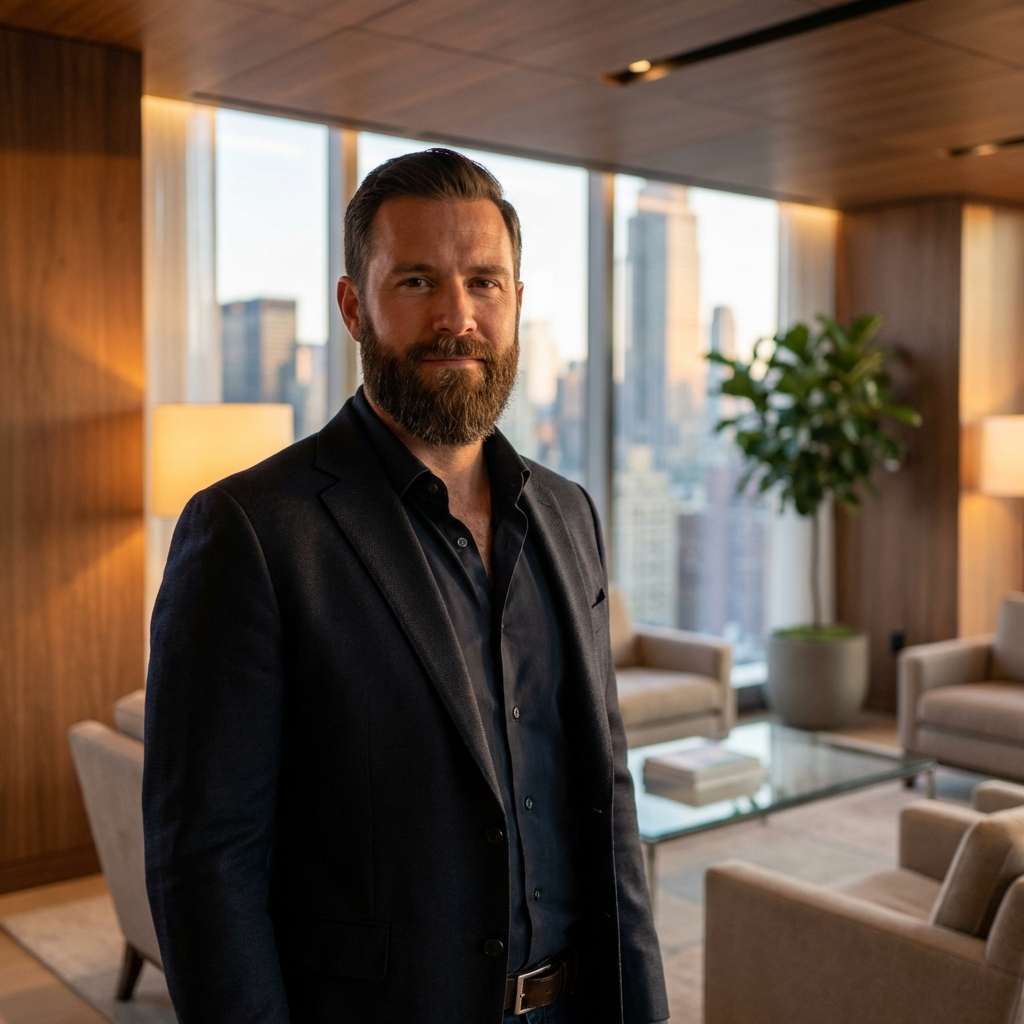 Confident man with a sculpted beard in a Midtown Manhattan setting, representing facial hair transplant results.