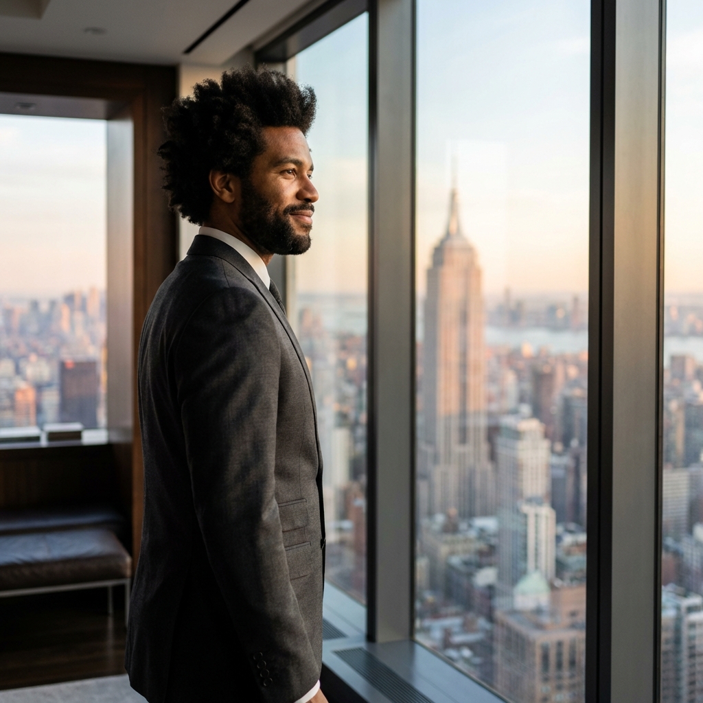 Confident man with natural-looking full hair by Manhattan window, representing FUE hair transplant before and after results