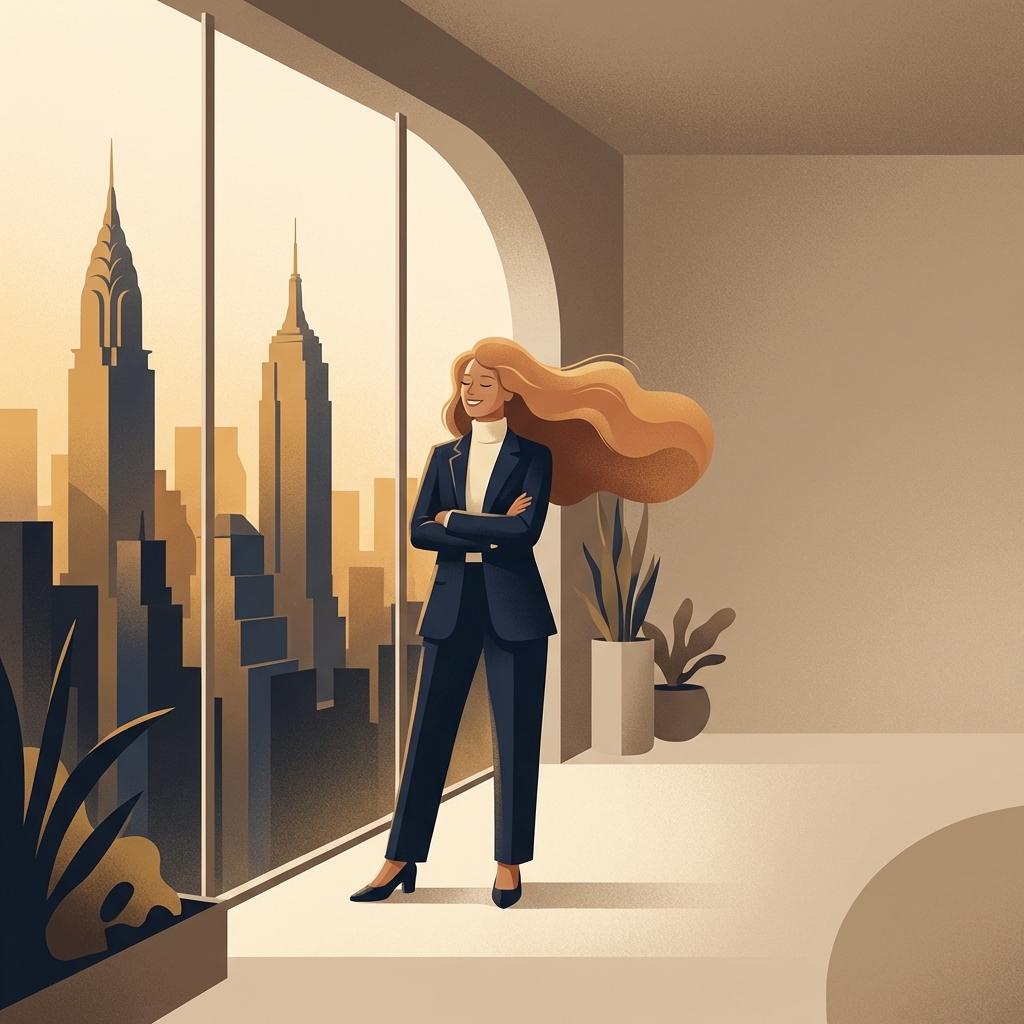 Confident person with healthy hair in a modern Manhattan setting, representing follicular unit extraction results