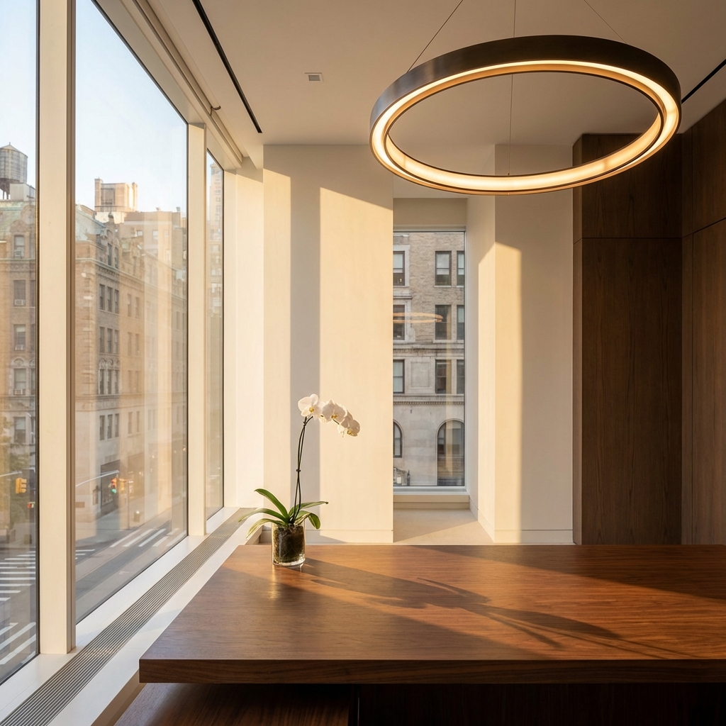 Elegant Manhattan hair loss medical practice consultation office with NYC skyline view, conveying clinical excellence