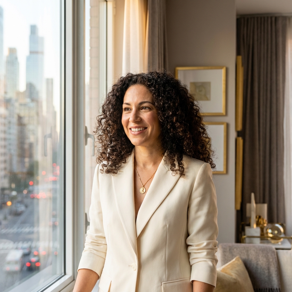 Confident woman with healthy, full hair overlooking Manhattan skyline, representing NYC hair restoration for women.