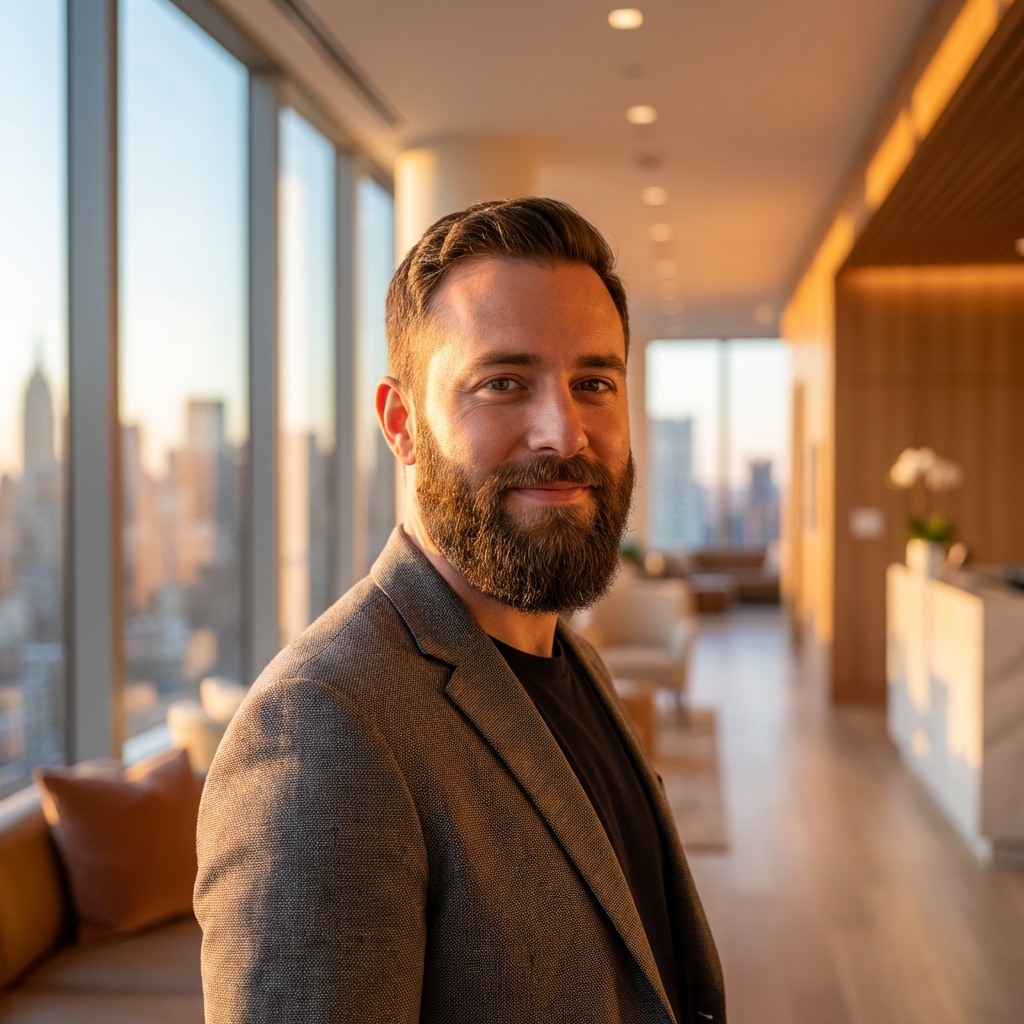 Confident transgender man with full beard in modern NYC setting, representing beard transplant for transgender men