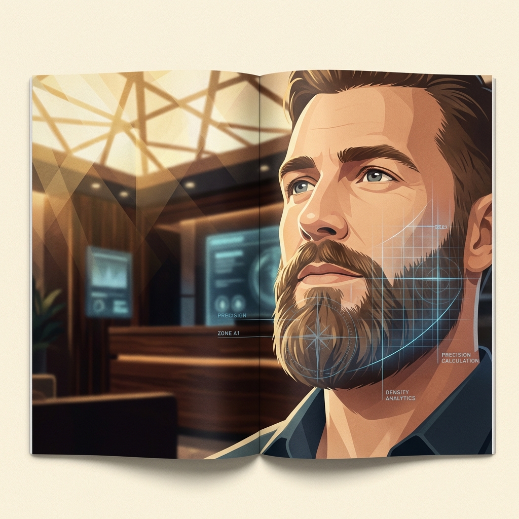 Illustrated man with full beard and subtle zone mapping overlay representing beard transplant graft requirements planning