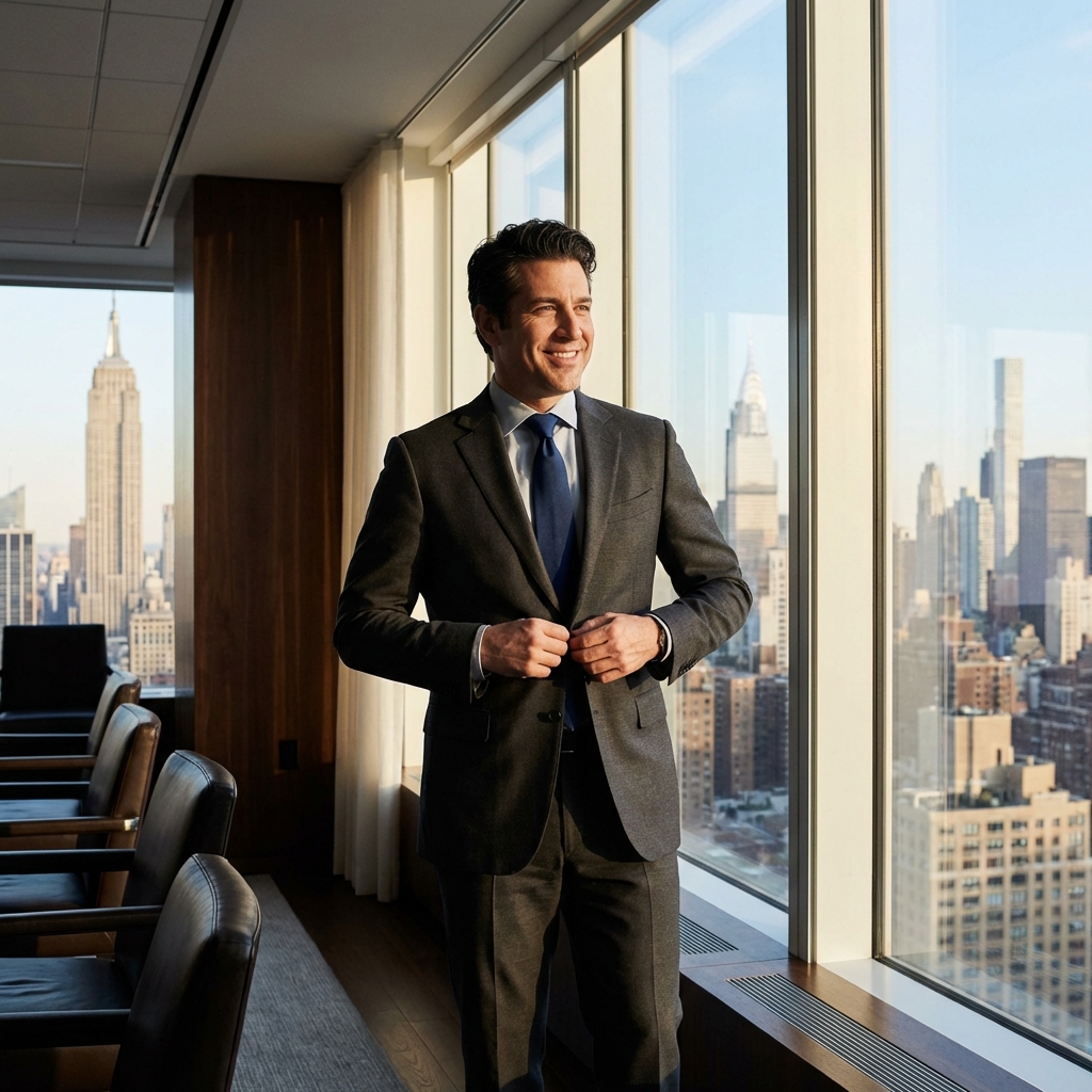 Confident executive professional with full hair standing in a Manhattan office, representing hair transplant solutions for professionals