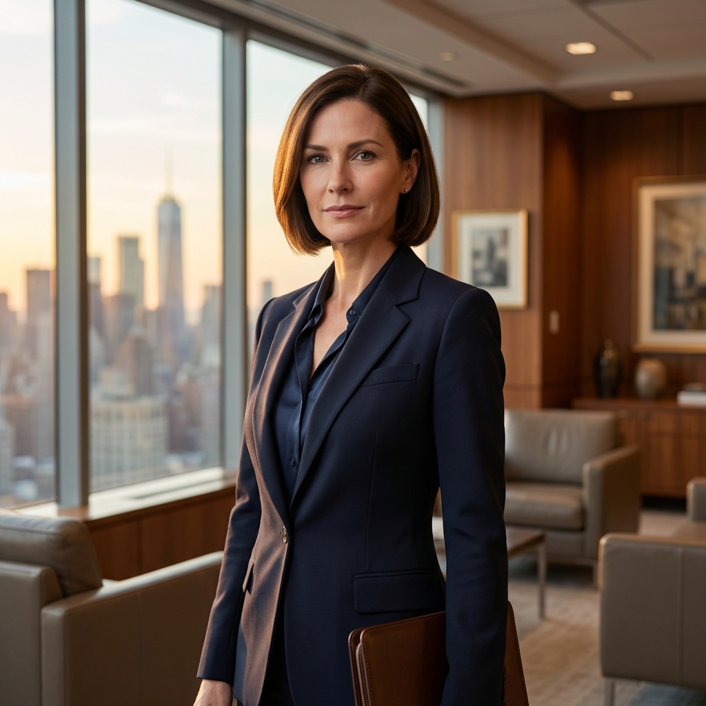 Confident professional woman with full healthy hair overlooking NYC skyline — hair transplant for professional women NYC