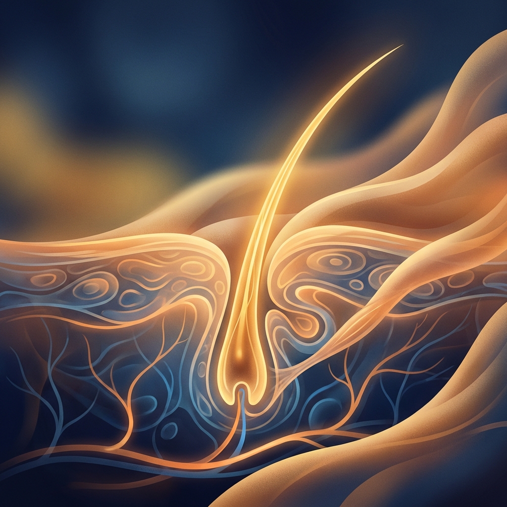 Stylized illustration of hair follicle regeneration representing hair transplant telogen effluvium after procedure recovery