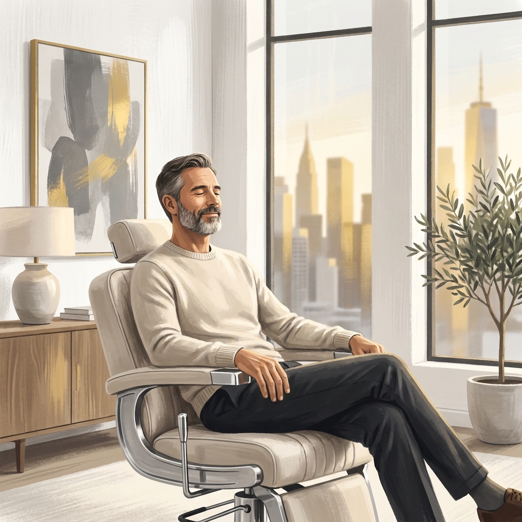 Calm man relaxing in a modern luxury clinic chair, representing what to expect from hair transplant anesthesia