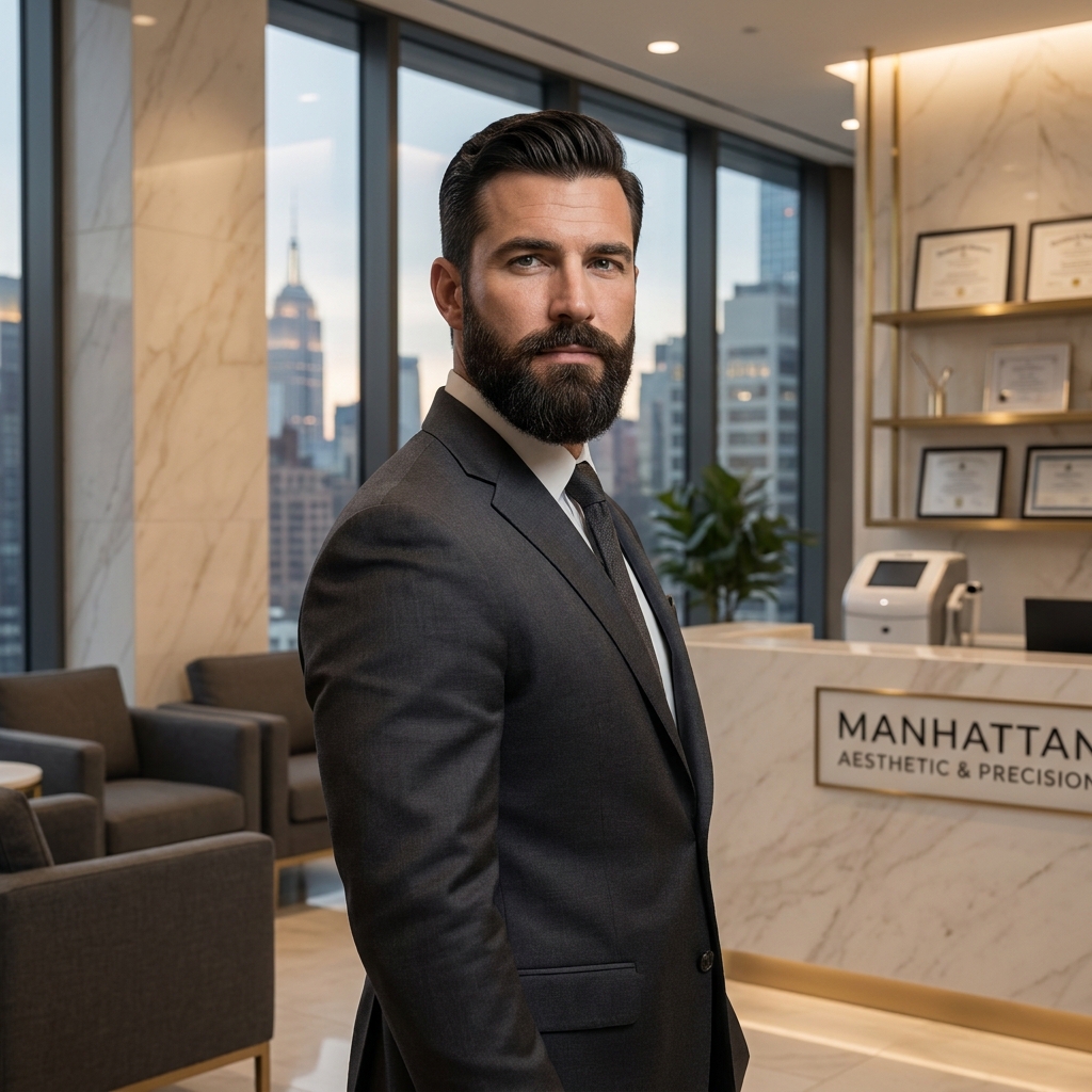 Confident man with a well-groomed beard in a modern Manhattan clinic, representing NYC facial hair restoration specialist results.