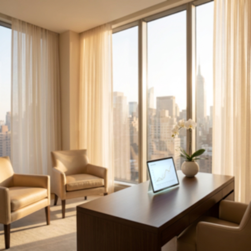 Elegant Manhattan hair restoration consultation room on Madison Avenue with city views and personalized treatment plan