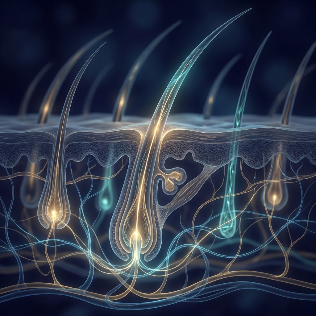 Stylized illustration of scalp follicles glowing during healing, representing the biology of hair transplant itching during healing