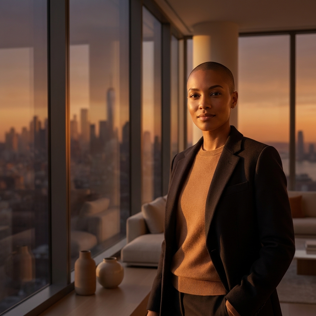 Confident person with shaved head looking forward, representing scalp micropigmentation for alopecia areata outcomes.