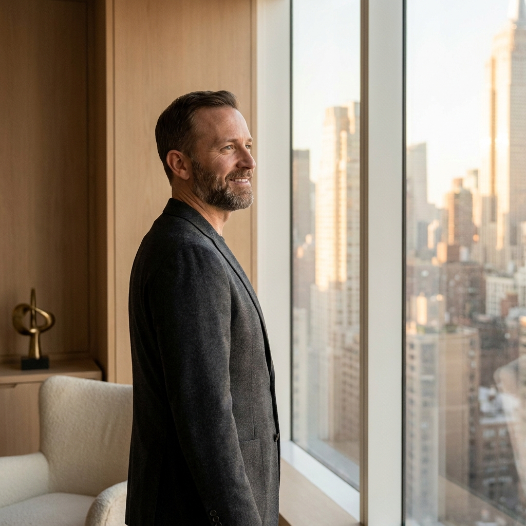 Confident man with close-cropped hair near Manhattan window, representing scalp micropigmentation sessions and results