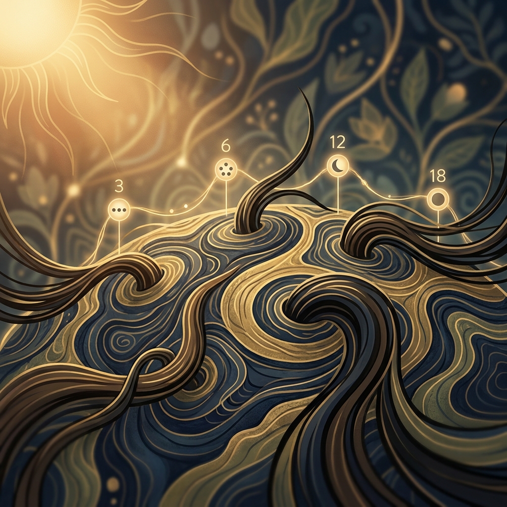 Stylized illustration showing hair growth zones and natural growth timeline over 18 months after hair transplant