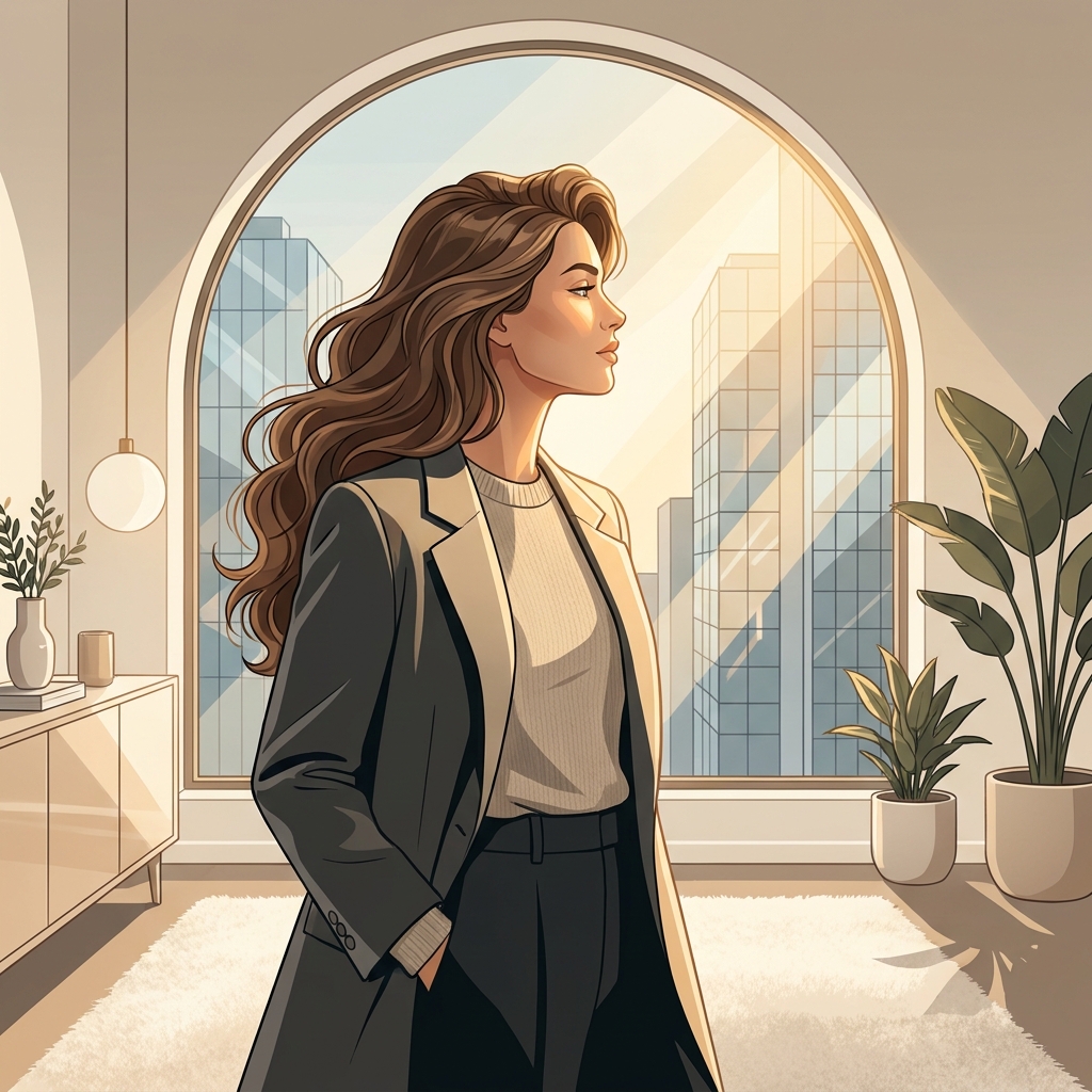 Confident person with healthy hair in a modern clinic, representing minoxidil after hair transplant care and results.