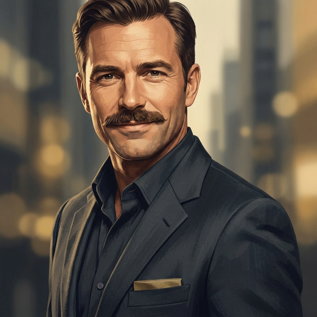 Confident man with a full, well-defined mustache illustrating mustache restoration procedure details and results.