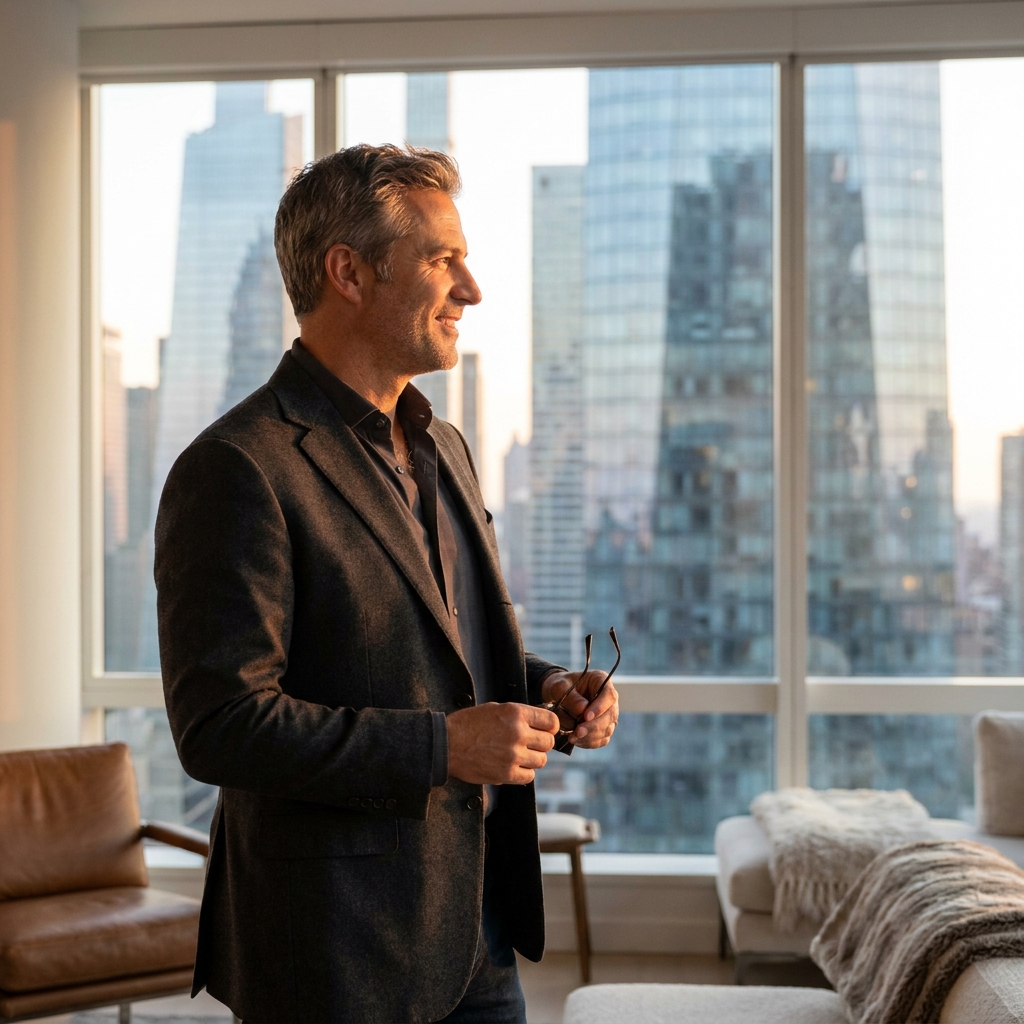 Confident man with restored full hair overlooking Manhattan skyline, representing hair transplant for advanced baldness