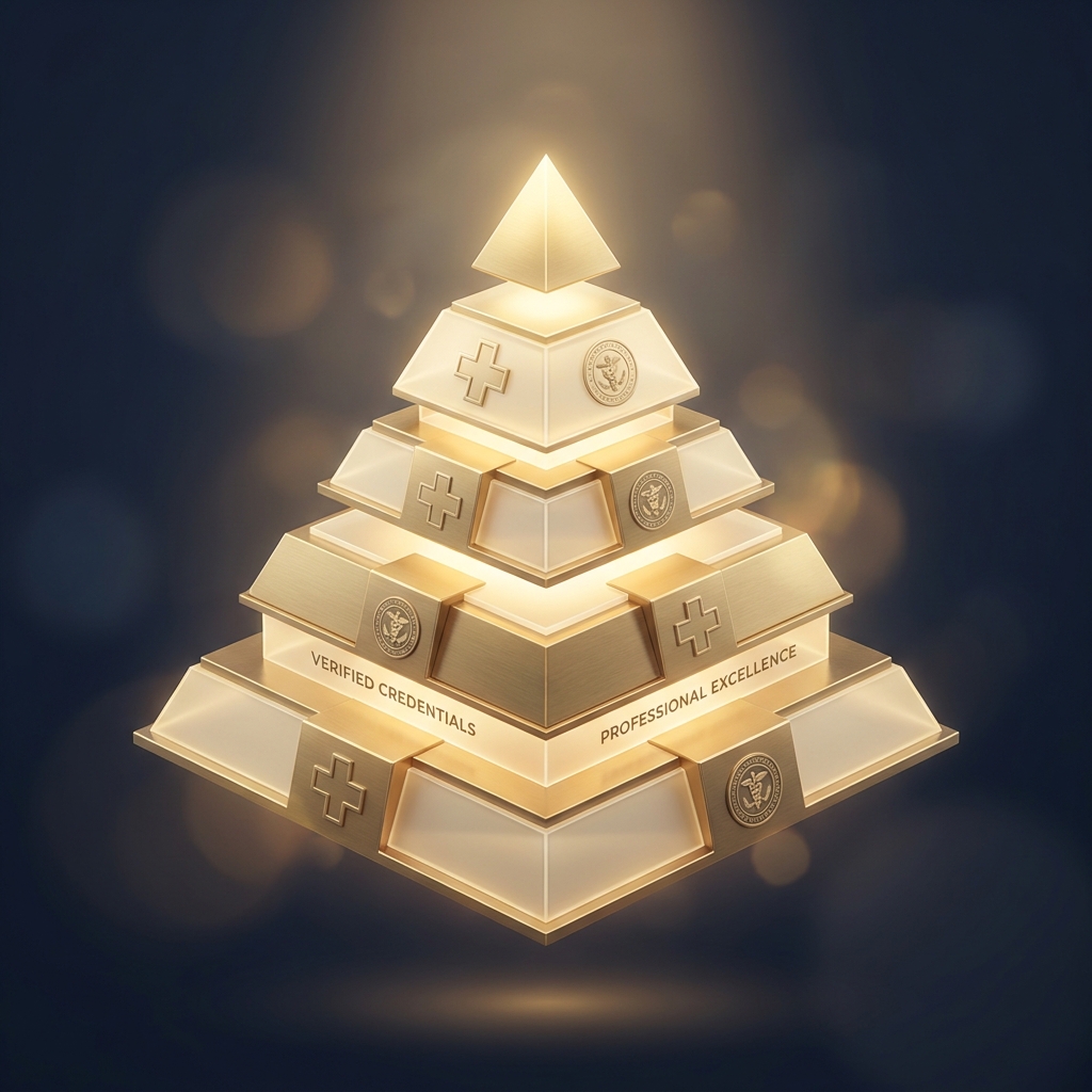 Golden credential hierarchy pyramid representing verified hair transplant surgeon credentials that matter most