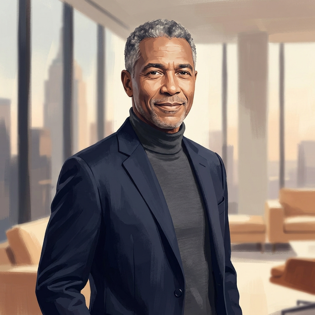Confident man with gray salt-and-pepper hair showcasing scalp micropigmentation results in a sophisticated setting.